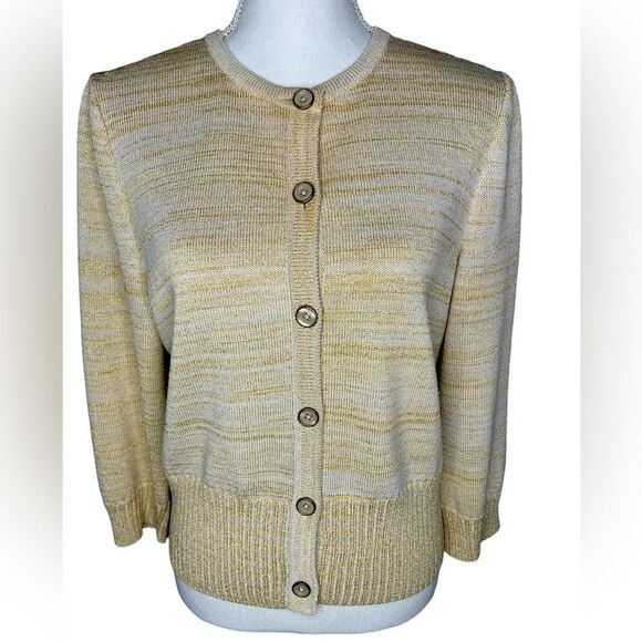 St. John Knitted Button Down Wool Beige Gold Metallic Sweater Cardigan Sz M - Picture 1 of 8